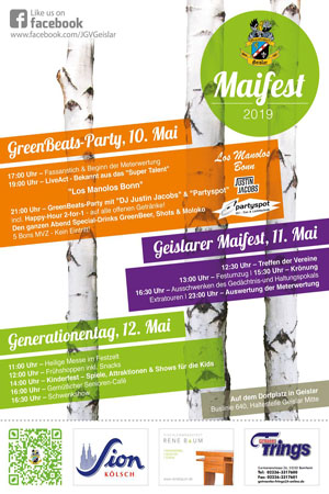Maifest Geislar <br/><br/> 10.05.2019 bis 12.05.2019 <br/> Dorfplatz JGV Geislar <br/><br/> Maifest